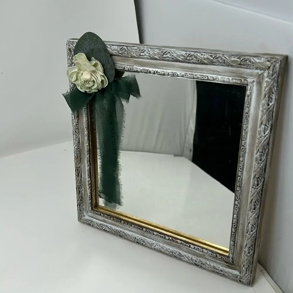 Hand Painted & Distressed Mirror Paper Rose & Green Chiffon Bow